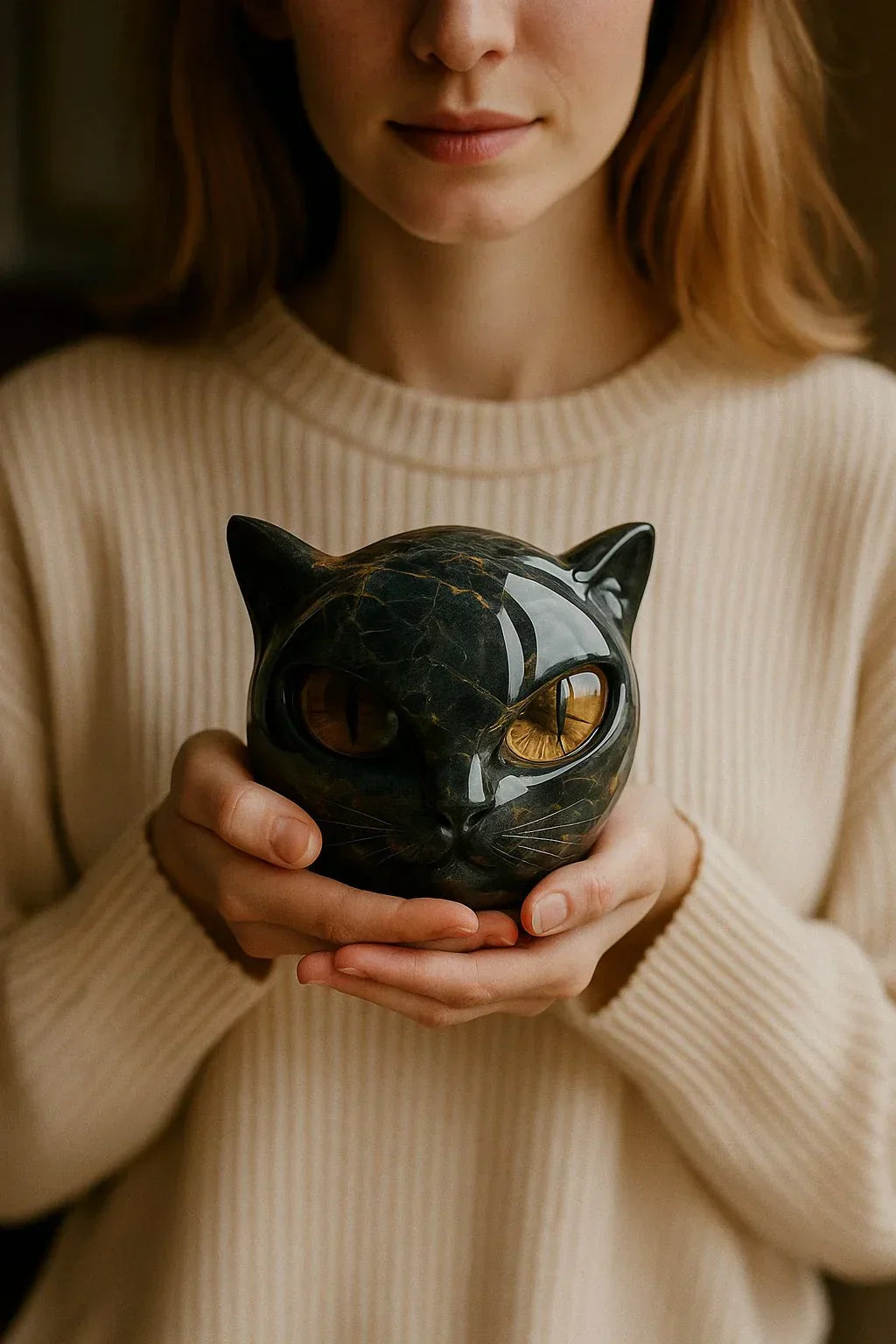 NyxCharm - Scultura di testa di gatto nero mistico